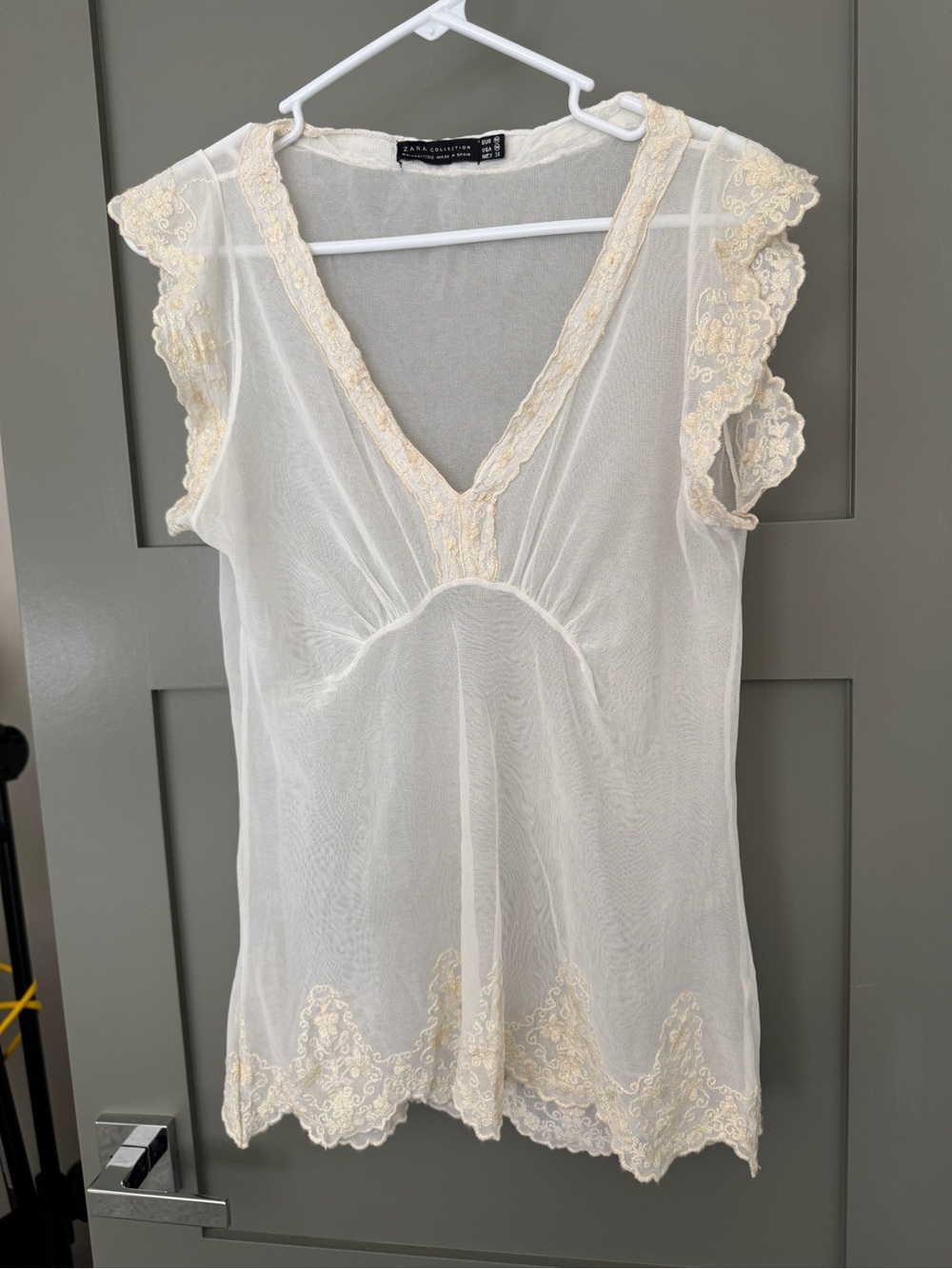 Zara Collection Cream Sheer Lace Trim top